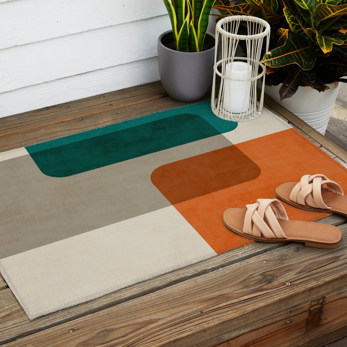 Teal Orange Modern MCM Minimalist Artwork Outdoor Rug Gallery Image 2