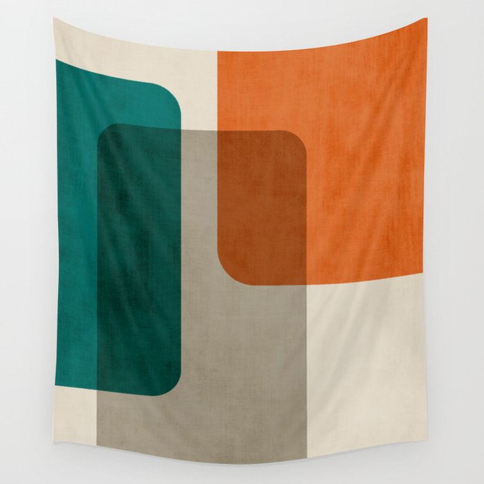 Teal Orange Modern MCM Minimalist Artwork Wall Tapestry Gallery Image 1