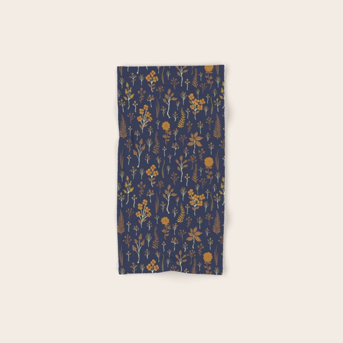 Navy Blue & Mustard Yellow Floral Pattern Bath Towel Gallery Image 1