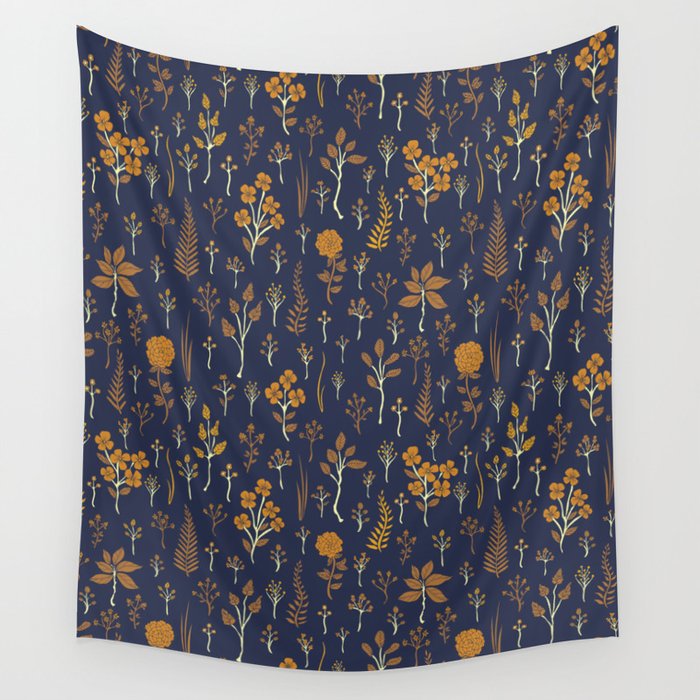 Navy Blue & Mustard Yellow Floral Pattern Wall Tapestry Gallery Image 1