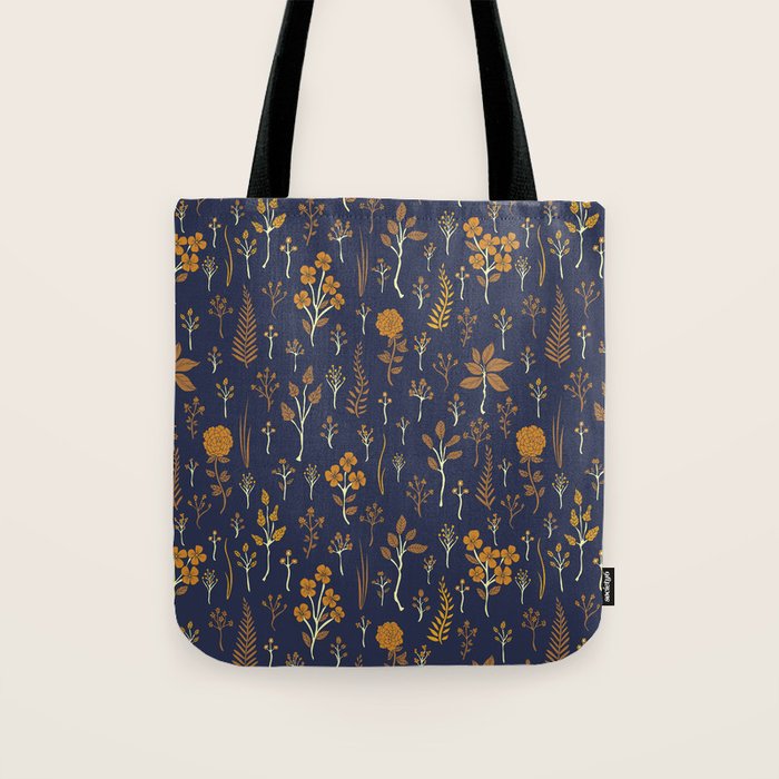 Navy Blue & Mustard Yellow Floral Pattern Tote Bag Gallery Image 1