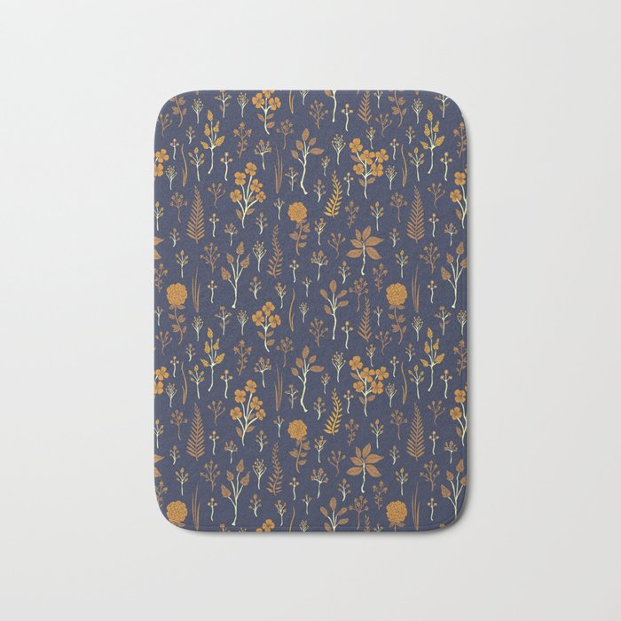 Navy Blue & Mustard Yellow Floral Pattern Bath Mat Gallery Image 1