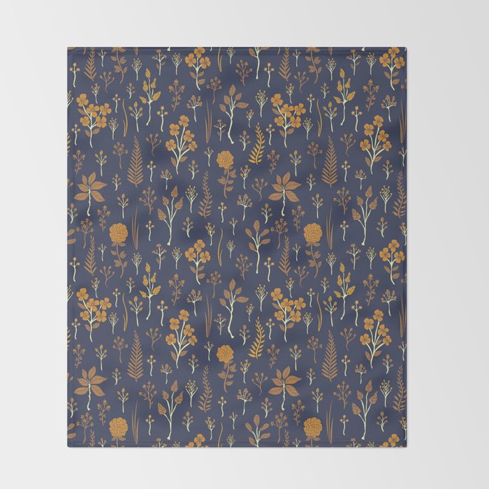 Navy Blue & Mustard Yellow Floral Pattern Throw Blanket Gallery Image 2