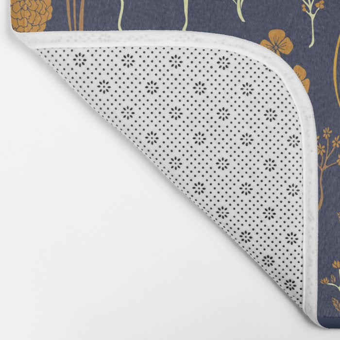 Navy Blue & Mustard Yellow Floral Pattern Bath Mat Gallery Image 2
