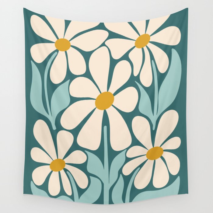 Oh, Daisy! Teal, off-white, yellow Wall Tapestry Gallery Image 1