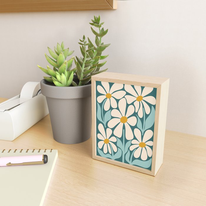 Oh, Daisy! Teal, off-white, yellow Mini Art Print Gallery Image 2
