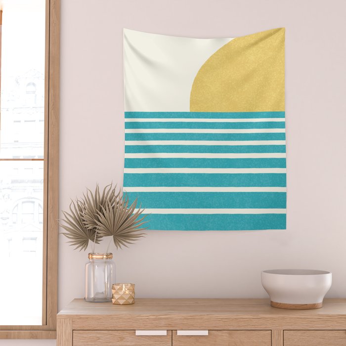 Beach Horizon Lines yellow green Wall Tapestry Gallery Image 2