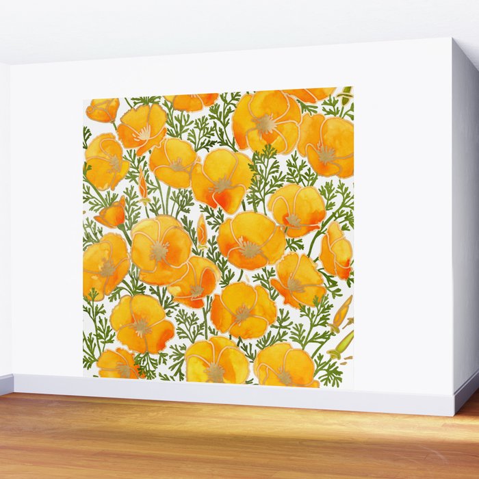 Gold watercolor California poppies Wall Mural Gallery Image 2