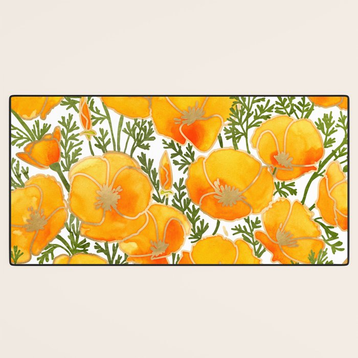 Gold watercolor California poppies Desk Mat Gallery Image 3
