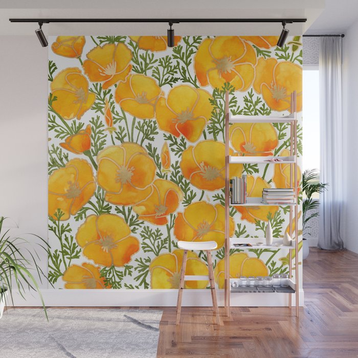 Gold watercolor California poppies Wall Mural Gallery Image 1