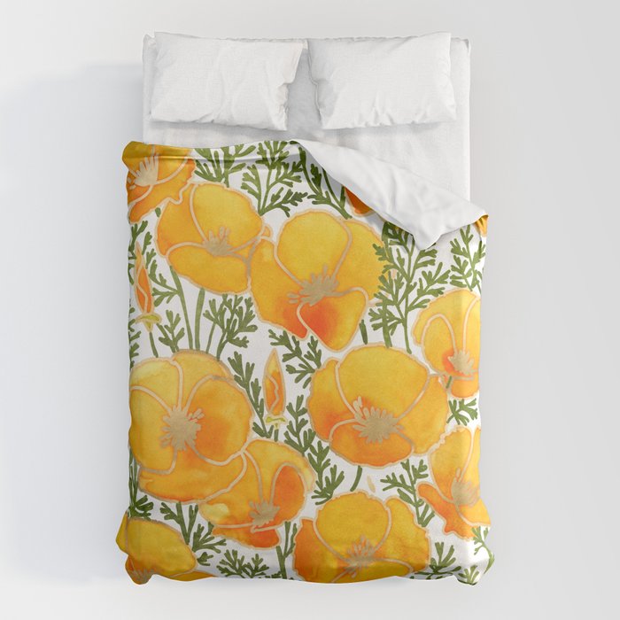 Gold watercolor California poppies Duvet Cover Gallery Image 1