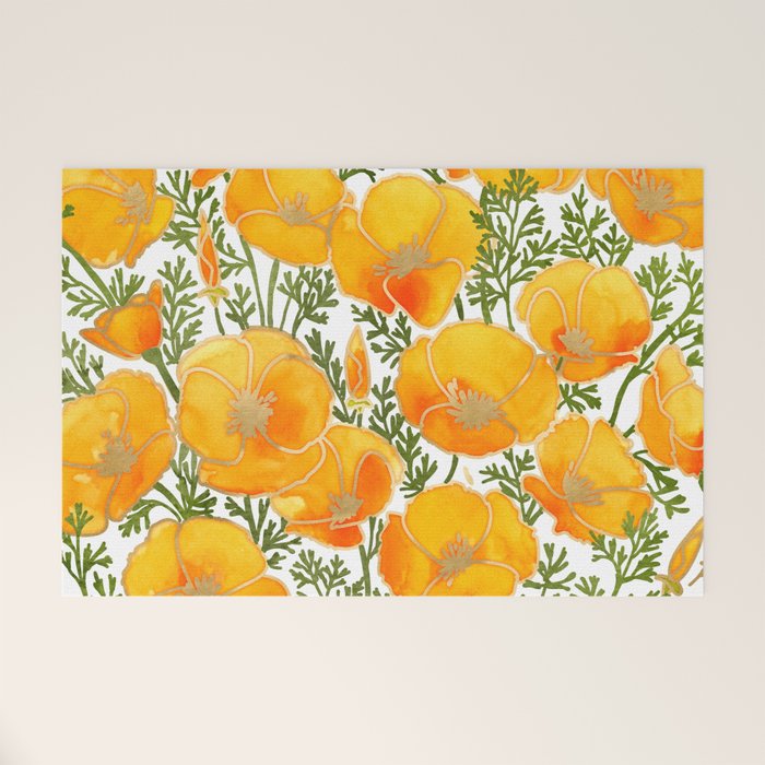 Gold watercolor California poppies Welcome Mat Gallery Image 1