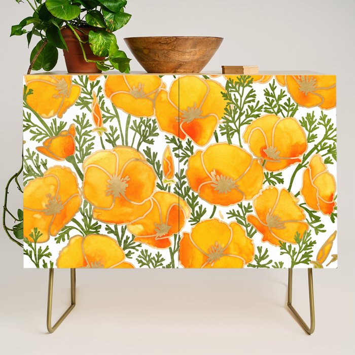Gold watercolor California poppies Credenza Gallery Image 1