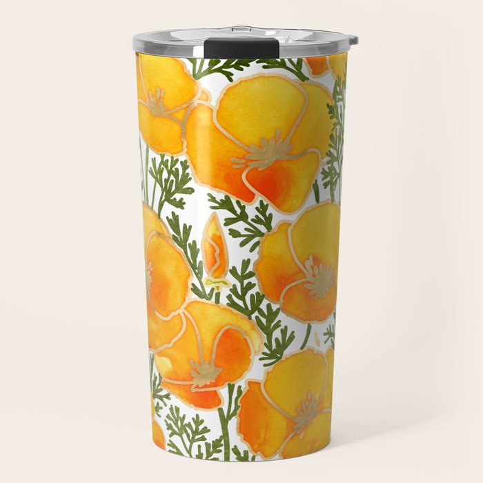 Gold watercolor California poppies Travel Mug Gallery Image 1