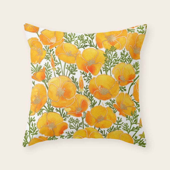 Gold watercolor California poppies Throw Pillow Gallery Image 6
