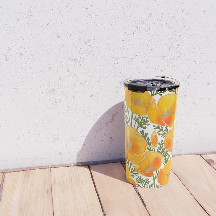 Gold watercolor California poppies Travel Mug Gallery Image 4