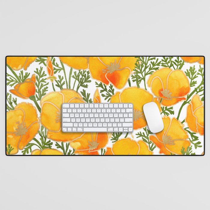 Gold watercolor California poppies Desk Mat Gallery Image 1