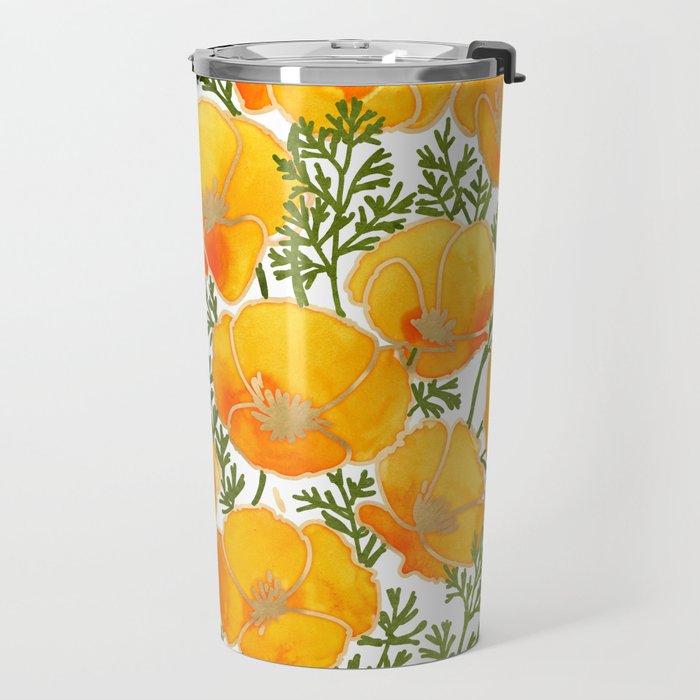 Gold watercolor California poppies Travel Mug Gallery Image 2