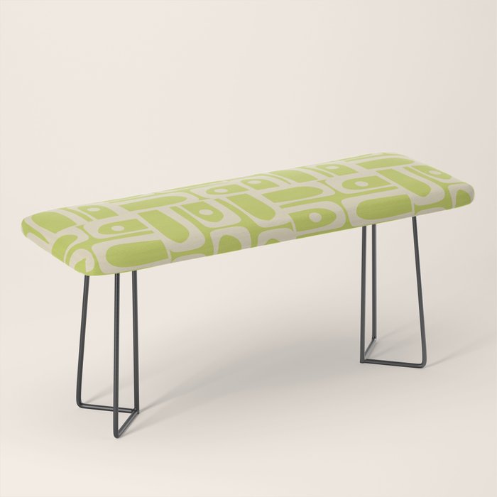 Mid Century Modern Piquet Abstract Multi Pattern in Light Lime Linden Green and Beige Bench Gallery Image 1