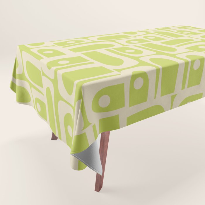 Mid Century Modern Piquet Abstract Multi Pattern in Light Lime Linden Green and Beige Tablecloth Gallery Image 1