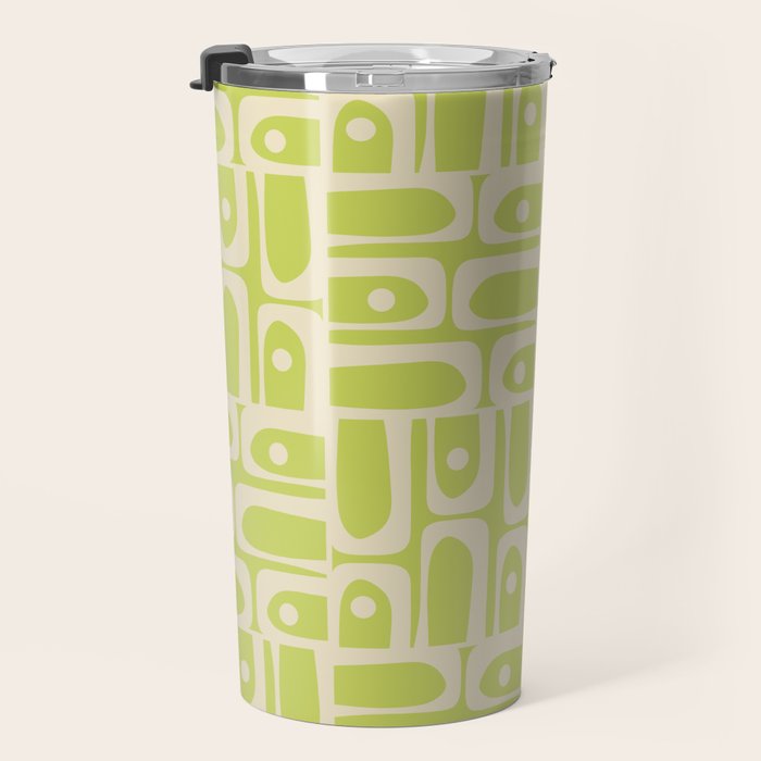 Mid Century Modern Piquet Abstract Multi Pattern in Light Lime Linden Green and Beige Travel Mug Gallery Image 3