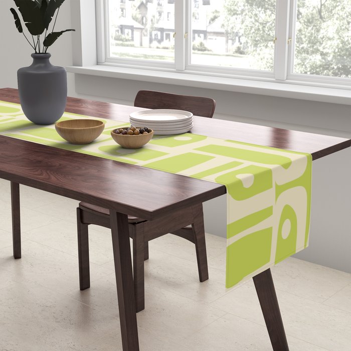 Mid Century Modern Piquet Abstract Multi Pattern in Light Lime Linden Green and Beige Table Runner Gallery Image 2