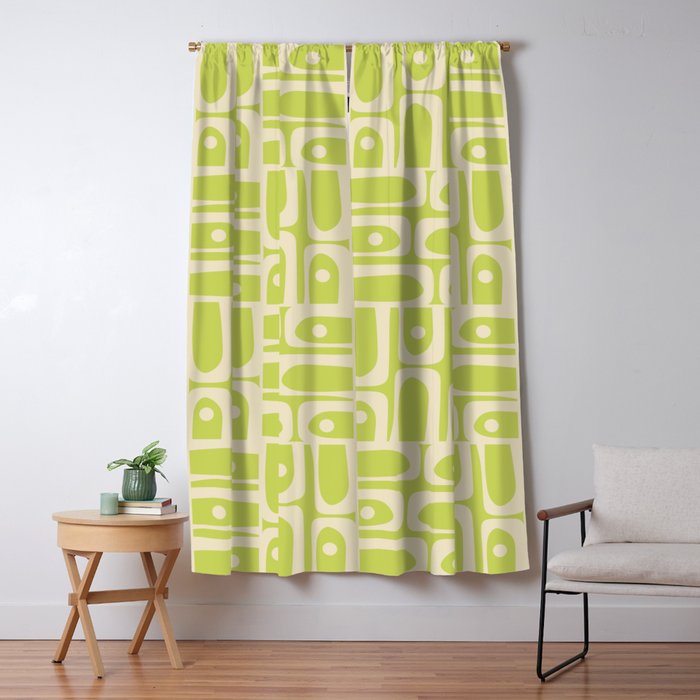 Mid Century Modern Piquet Abstract Multi Pattern in Light Lime Linden Green and Beige Window Curtain Gallery Image 5