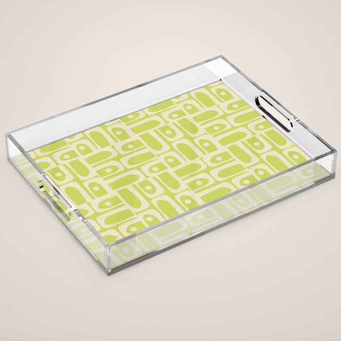 Mid Century Modern Piquet Abstract Multi Pattern in Light Lime Linden Green and Beige Acrylic Tray Gallery Image 1