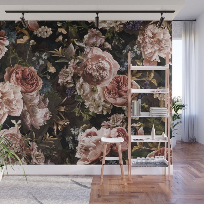 Vintage & Shabby Chic- Real Roses And Peonies Lush Midnight Flowers Botanical Garden Wall Mural Gallery Image 1