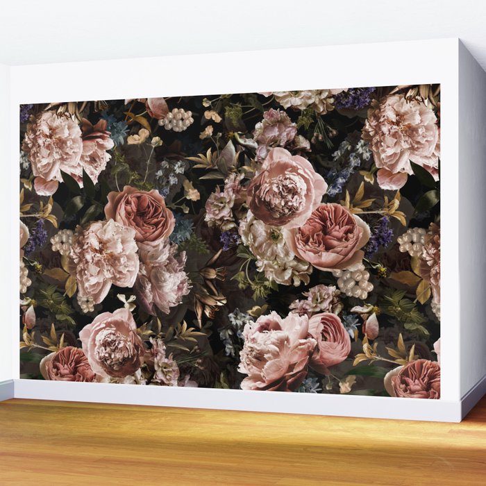Vintage & Shabby Chic- Real Roses And Peonies Lush Midnight Flowers Botanical Garden Wall Mural Gallery Image 2