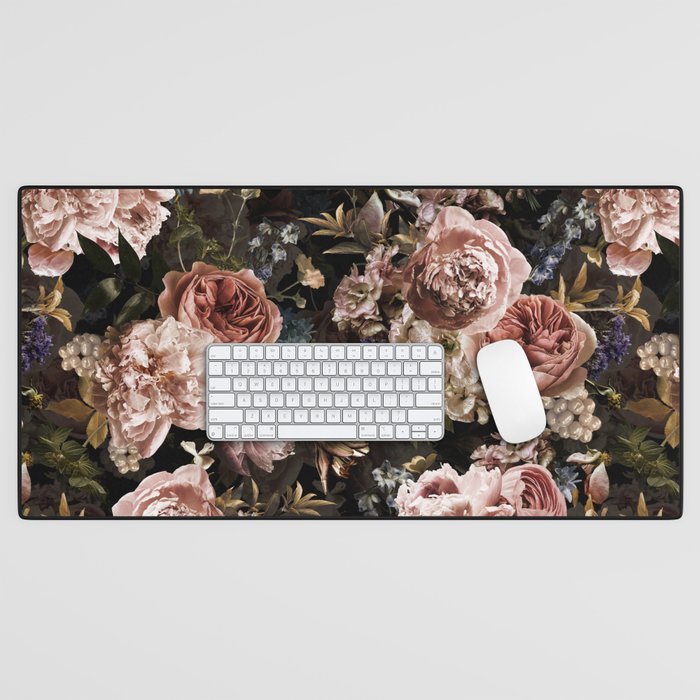 Vintage & Shabby Chic- Real Roses And Peonies Lush Midnight Flowers Botanical Garden Desk Mat Gallery Image 1