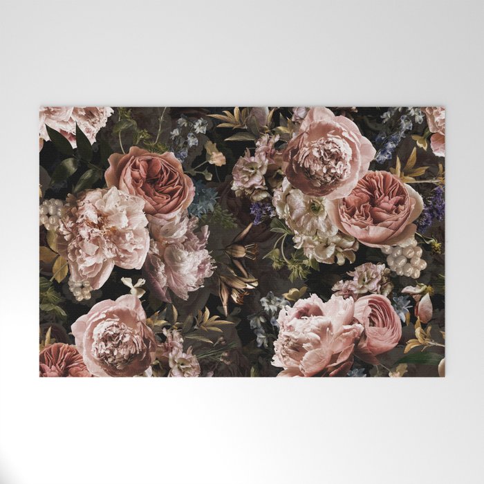 Vintage & Shabby Chic- Real Roses And Peonies Lush Midnight Flowers Botanical Garden Welcome Mat Gallery Image 1