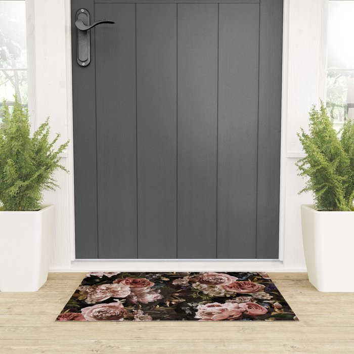 Vintage & Shabby Chic- Real Roses And Peonies Lush Midnight Flowers Botanical Garden Welcome Mat Gallery Image 3