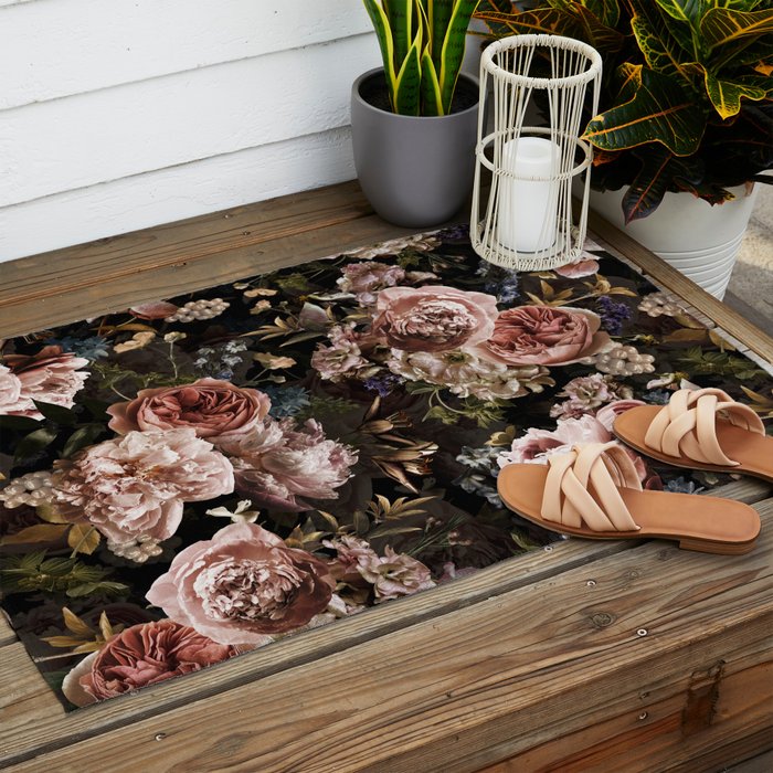 Vintage & Shabby Chic- Real Roses And Peonies Lush Midnight Flowers Botanical Garden Outdoor Rug Gallery Image 2