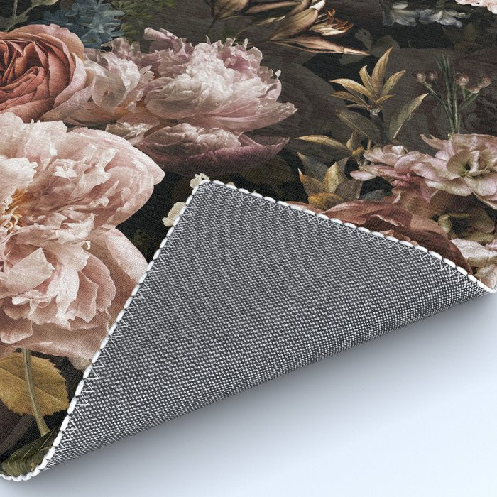 Vintage & Shabby Chic- Real Roses And Peonies Lush Midnight Flowers Botanical Garden Rug Gallery Image 4