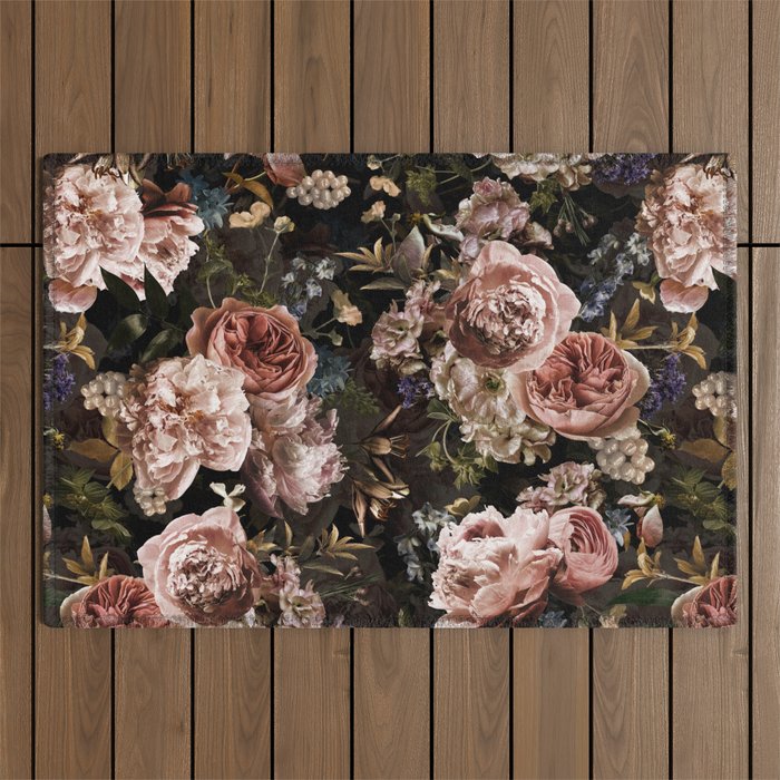 Vintage & Shabby Chic- Real Roses And Peonies Lush Midnight Flowers Botanical Garden Outdoor Rug Gallery Image 1
