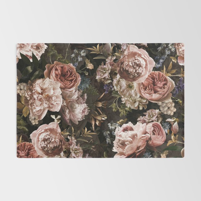 Vintage & Shabby Chic- Real Roses And Peonies Lush Midnight Flowers Botanical Garden Rug Gallery Image 2