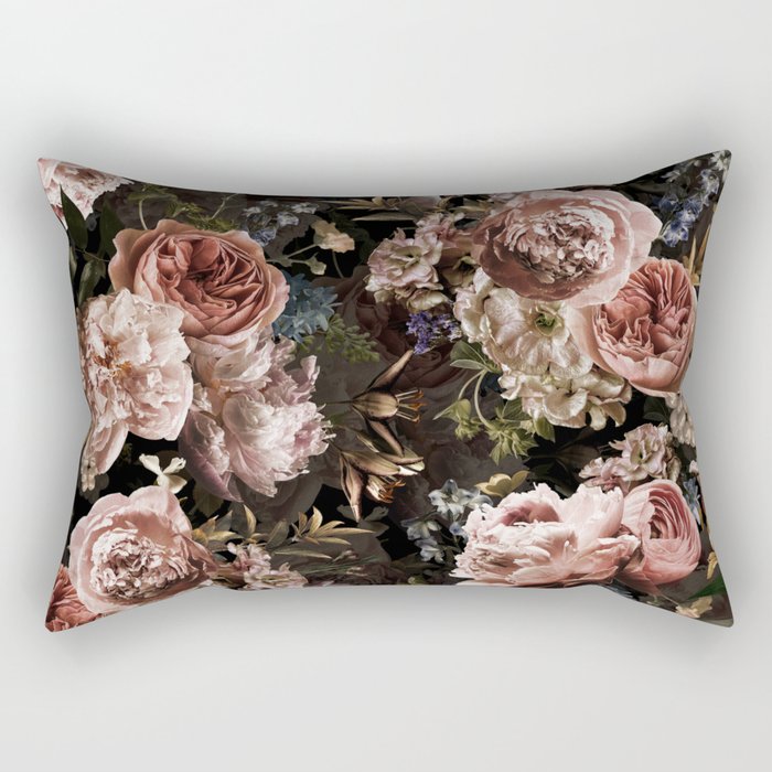 Vintage & Shabby Chic- Real Roses And Peonies Lush Midnight Flowers Botanical Garden Rectangular Pillow Gallery Image 1