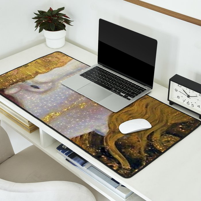 Freya's Tears - Starry Night (Golden Tears) portrait painting by Gustav Klimt Desk Mat Gallery Image 2