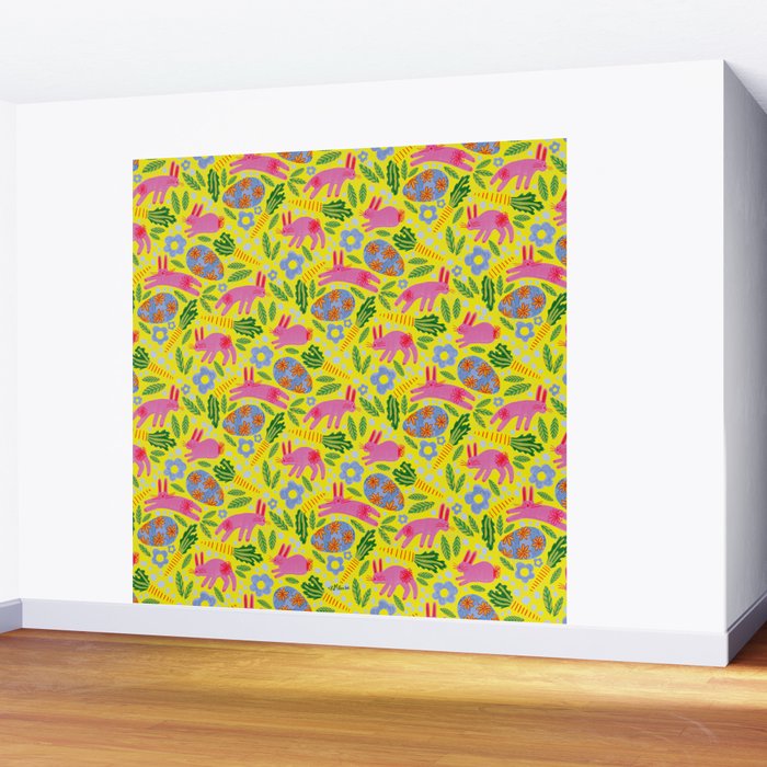 Cute Colorful Rabbits & Decorative Eggs in Yellow & Pink Wall Mural Gallery Image 2