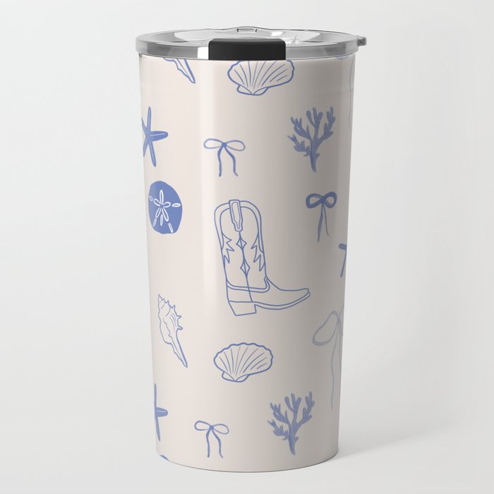 Coastal Cowgirl | Beachy Blue Seashells & Boots Travel Mug Gallery Image 1