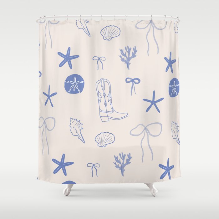 Coastal Cowgirl | Beachy Blue Seashells & Boots Shower Curtain Gallery Image 1