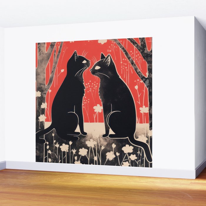 Forest Blossom Black Cat Pair Wall Mural Gallery Image 2