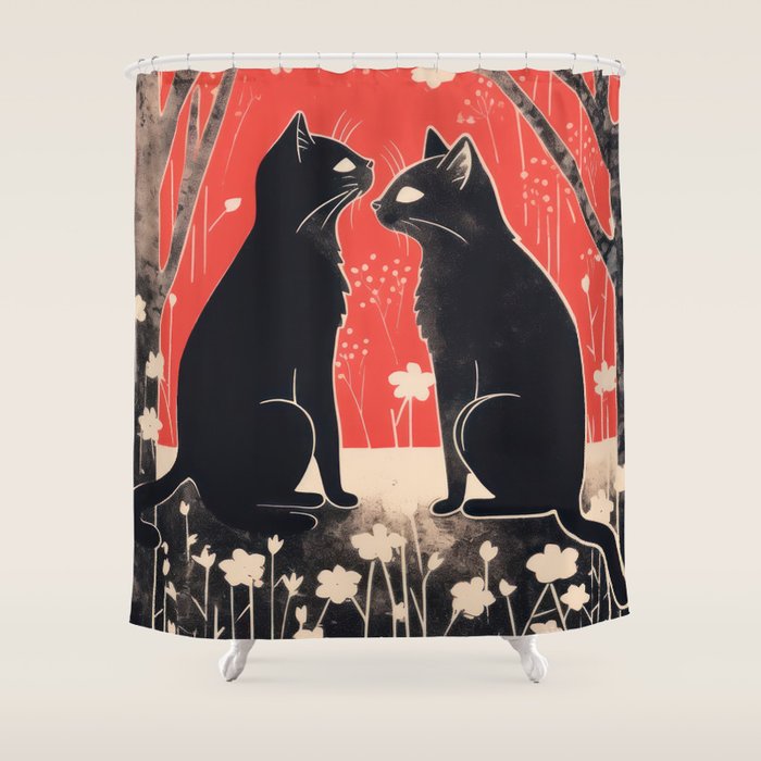 Forest Blossom Black Cat Pair Shower Curtain Gallery Image 1