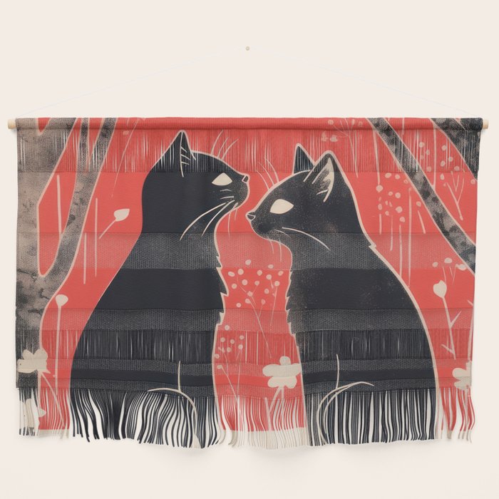 Forest Blossom Black Cat Pair Wall Hanging Gallery Image 1