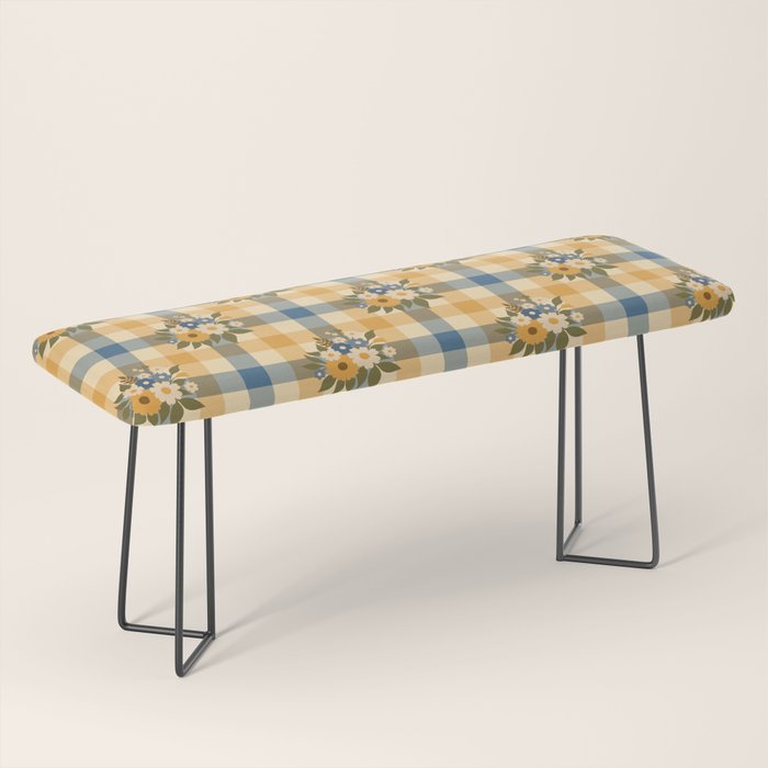 Country Retro Cottage Flowers plaid Bench Gallery Image 1