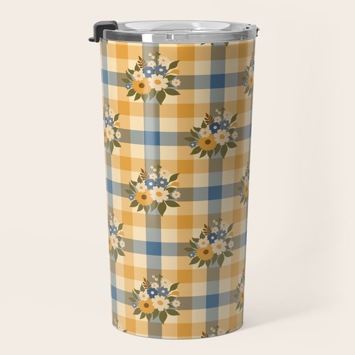 Country Retro Cottage Flowers plaid Travel Mug Gallery Image 3