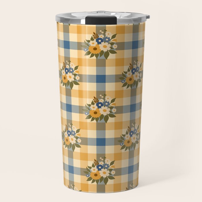 Country Retro Cottage Flowers plaid Travel Mug Gallery Image 1