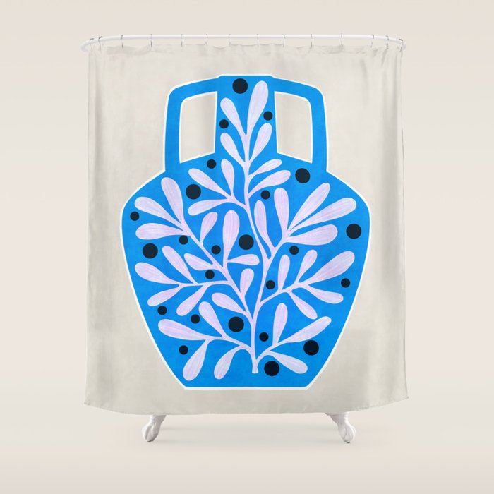 Mediterramean blue vase and leaves Shower Curtain Gallery Image 1