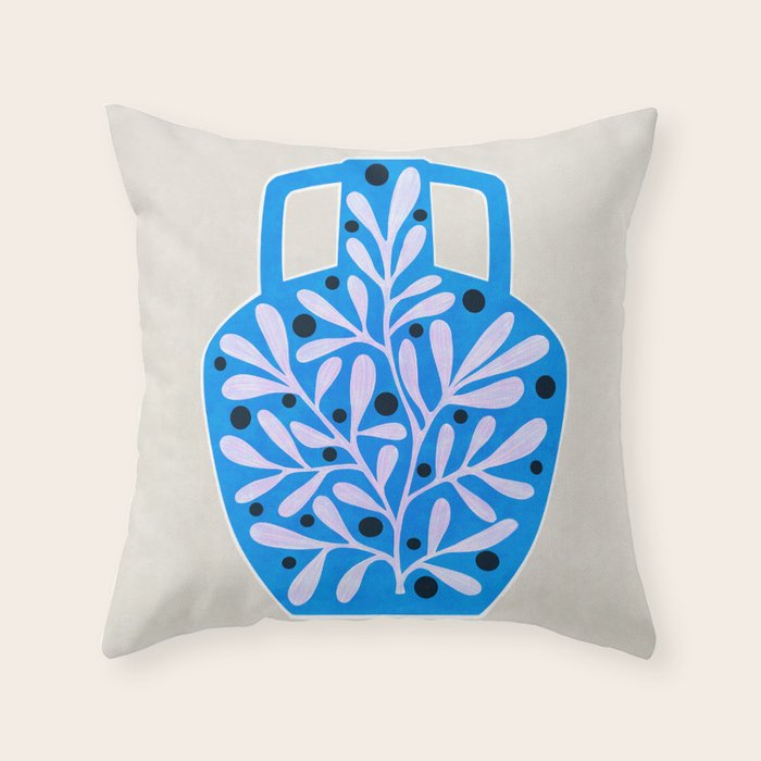 Mediterramean blue vase and leaves Throw Pillow Gallery Image 1